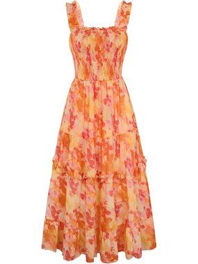 Women's Floral Dress Flowy Sundress Smocked Orange Ombre Cottage core Dresses